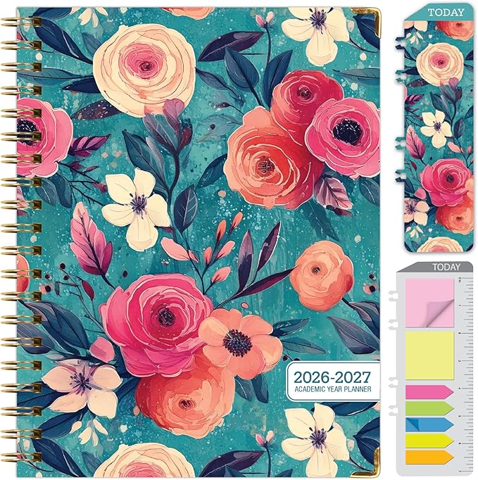 HARDCOVER Academic Year 2026-2027 Planner: 14 Months (May 2026 Through June 2027) 8.5"x 11" Daily Weekly Monthly Planner Yearly Agenda. Bookmark, Pocket Folder and Sticky Note Set (Teal Floral)
