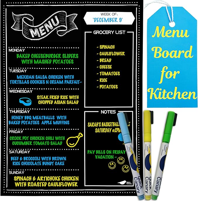 Magnetic Menu Board for Kitchen - 16x12” Black Chalkboard Calendar - Dry Erase Weekly Meal Planner for Fridge & Grocery List - With Vibrant Neon Chalk Markers - Easy to Use and Wipe Clean Magnet Board