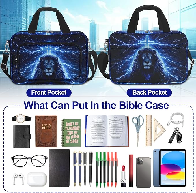 Lion Cross Large Bible Cover Case for Boys with Handle Zipper Pocket, Book Carrying Case with Pens Highlighters Cross Clips, Bible Study Supplies Journaling Kit, Christian Gifts for Men