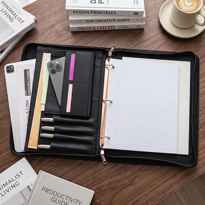 AZXCG Genuine Leather Portfolio Binder for Men& Women,Padfolio Organizer with Zipper,Padfolio Folder for iPad Pro 12.9/ Letter Size Notepad,Business Executive Gift for Men,Gift for Valentine's Day