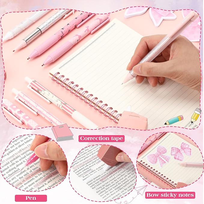 Eersida 58 Pcs Christmas Pink Bow School Supplies Coquette Aesthetic Stationery Large Pencil Pouch Ink Gel Pens Highlighters Sticky Notes Color Pens Stapler Set Christmas Gifts for Student