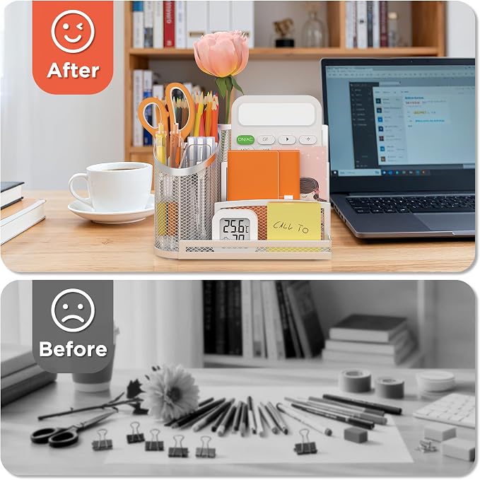 3 Compartment Pen Holder with Vertical Mail Organizer and Flower Tube, Metal Mesh Desk Organizer Modern Decor Aesthetic-Paper Letter Sorter Ideal for Pencil,Envelope and File(Silver)