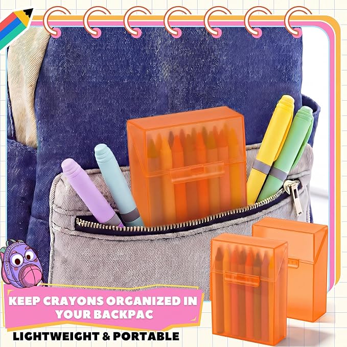 Clabby 4 Pcs Plastic Crayon Organizer Case for 24 Count Crayons Kids Art Supply Storage Box with Lid, Portable Holder for Classroom Home Travel, Fits Standard 24-Pack Crayon (Orange)