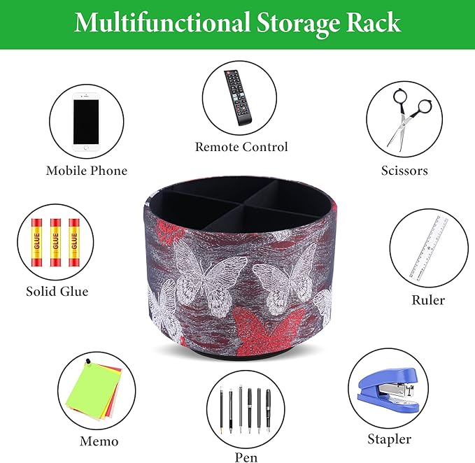 Round Leather Art Supply Organizer,Remote Control Holder,360-degree Rotating Pen Organizer with 4 Compartments(1-Butterfly Red)