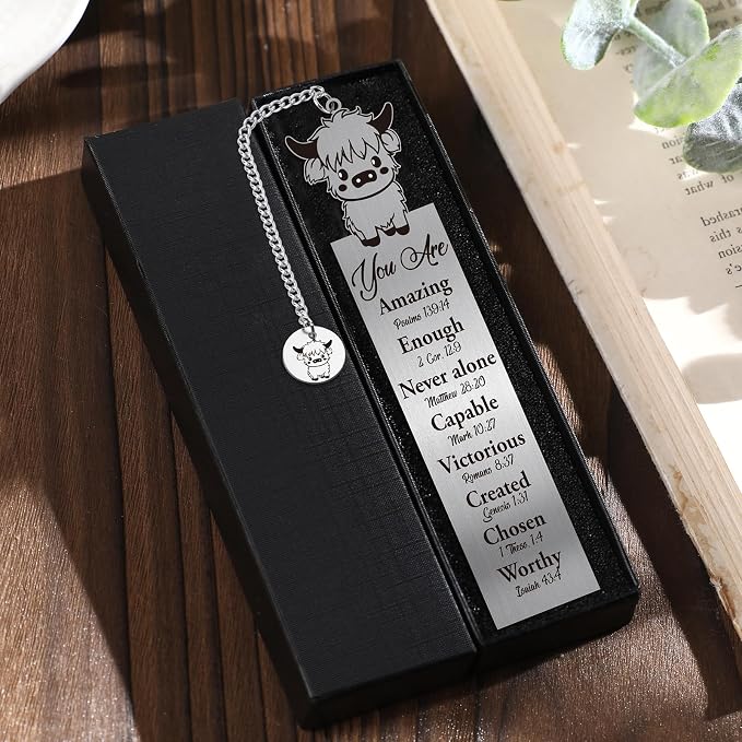 Bible Verse Bookmark Gifts - Highland Cow Lover Christian Metal Book Marks Women Inspirational Mental Animal Page Marker Study Supplies Reading Men Kids Student Teacher School Accessories