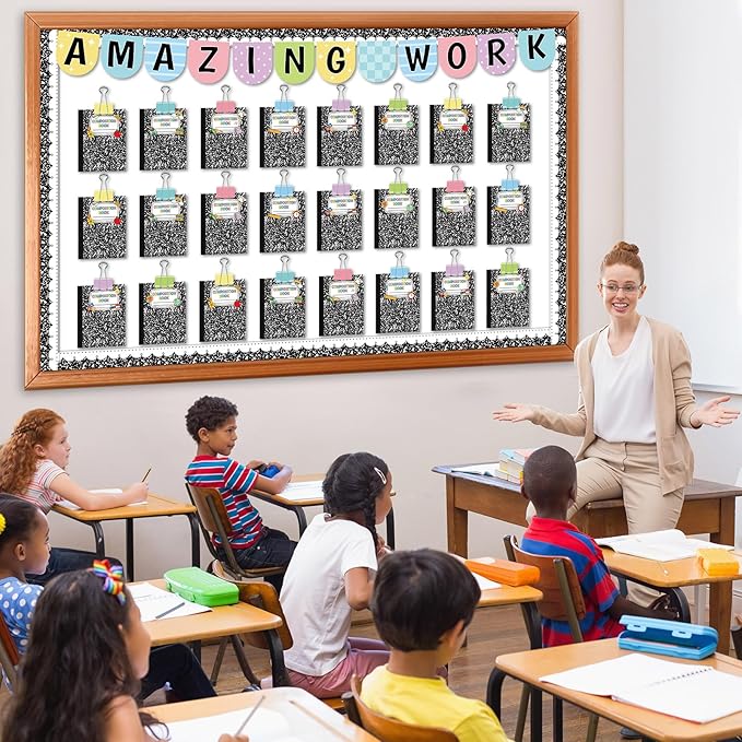 24 Pcs Student Work Display Bulletin Board Composition Notebook Classroom Decoration Inspirational Amazing Work Wall Decor Composition Book Paper Cutouts for Teacher Back to School Chalkboard Supplies