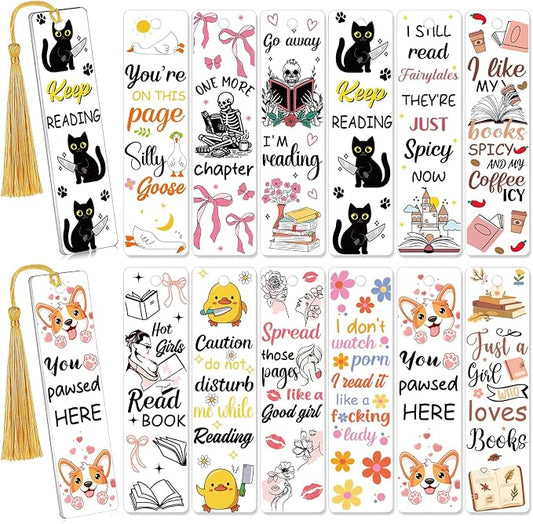 AFRITEE Blank Acrylic Bookmark Stickers - 24 Pcs Funny Theme Black Cat UV DTF Bookmark Sticker Gifts for Women Book Lovers, Cute Duck Bow Double-Sided Sticker DIY Blank Placeholder Creative Decoration