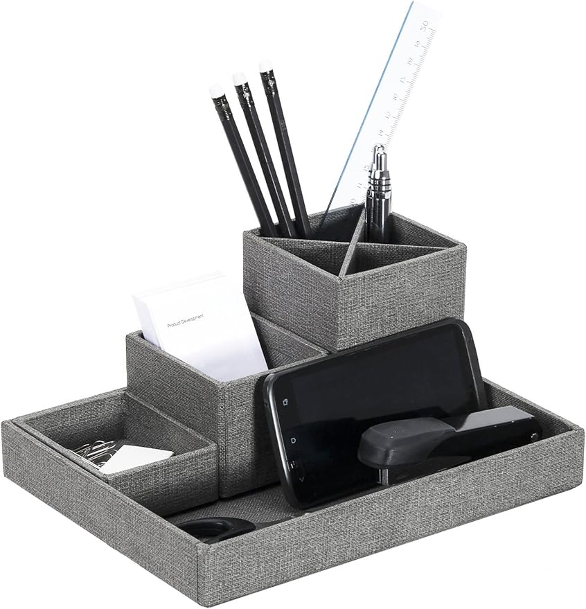 Bigso Box of Sweden Desk Storage Organiser for Stationery - Pen Holder with 4 Compartments for Various Office Items - Fibreboard and Paper Stationery Storage - Grey