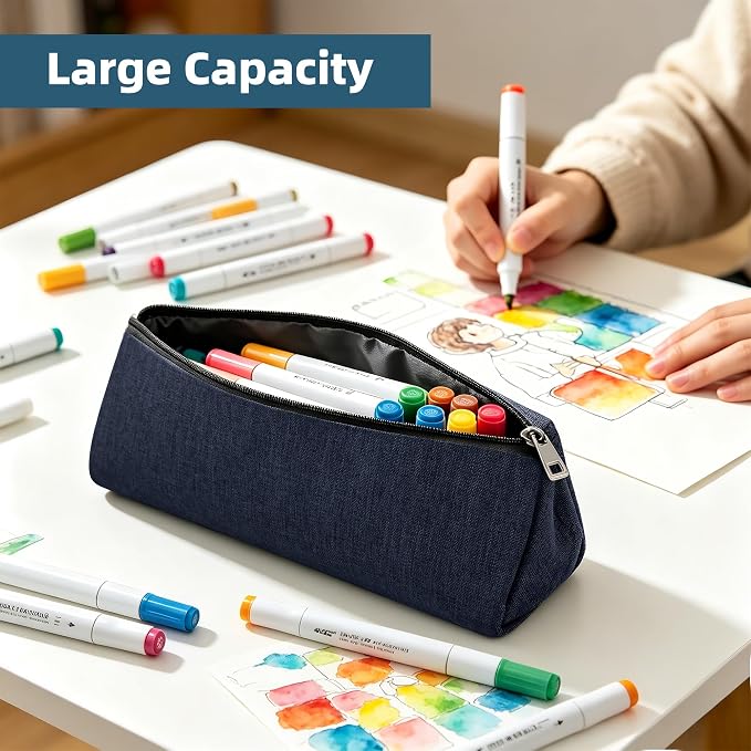 Dark Blue Large Capacity Pen Bag Portable Stationery Pouch Premium Nylon Oxford Cloth Zipper Organizer for Office Business Travel