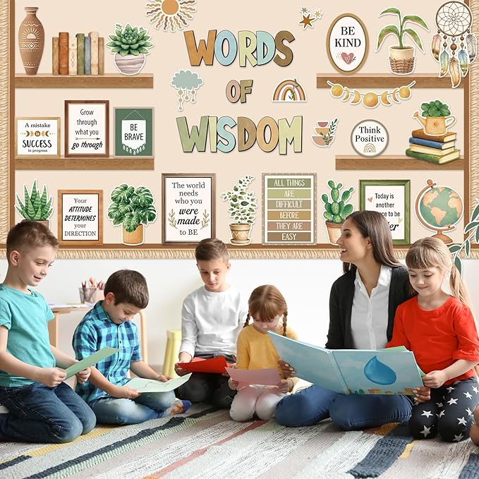 Mooliwe 57 Pcs Boho Bulletin Board Set Inspirational Greenery Classroom Decoration Potted Plant Rainbow Cutout for School Office Chalkboard Door Wall Decor