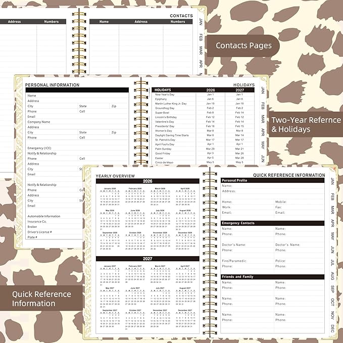 2026 Planner, Jan.2026 - Dec.2026 Planner Weekly and Monthly 6.25"x8.5" with Page Tabs, Calendar Hardcover with Inner Pocket, Elastic Band, Twin-Wire Binding, Bookmark, Brown Leopard