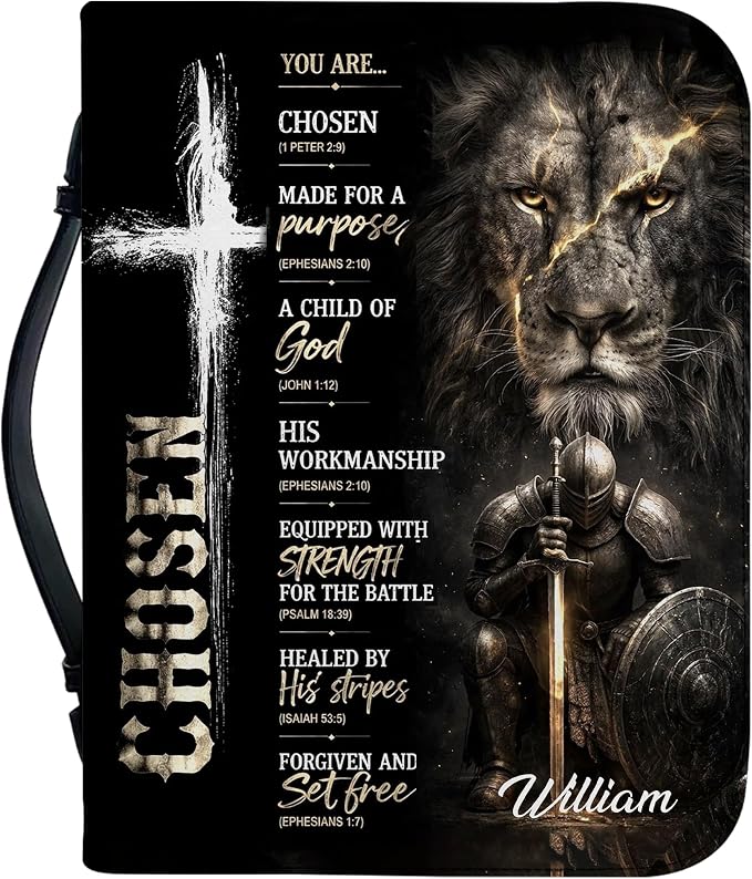 Personalized Man of God Bible Cover for Men, Christian PU Leather Bible Case with Handle Zipper, God Says I Am Warrior Scripture Bible Holder, Religious Gift for Men (You are Chosen)