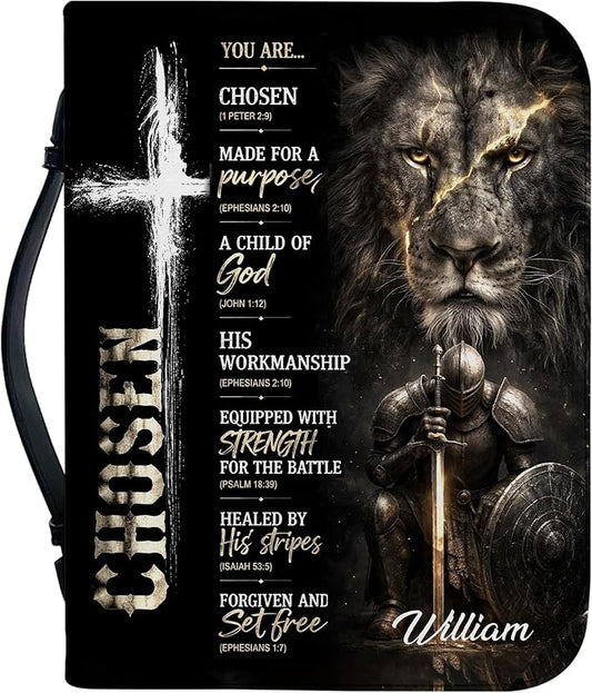 Personalized Man of God Bible Cover for Men, Christian PU Leather Bible Case with Handle Zipper, God Says I Am Warrior Scripture Bible Holder, Religious Gift for Men (You are Chosen)
