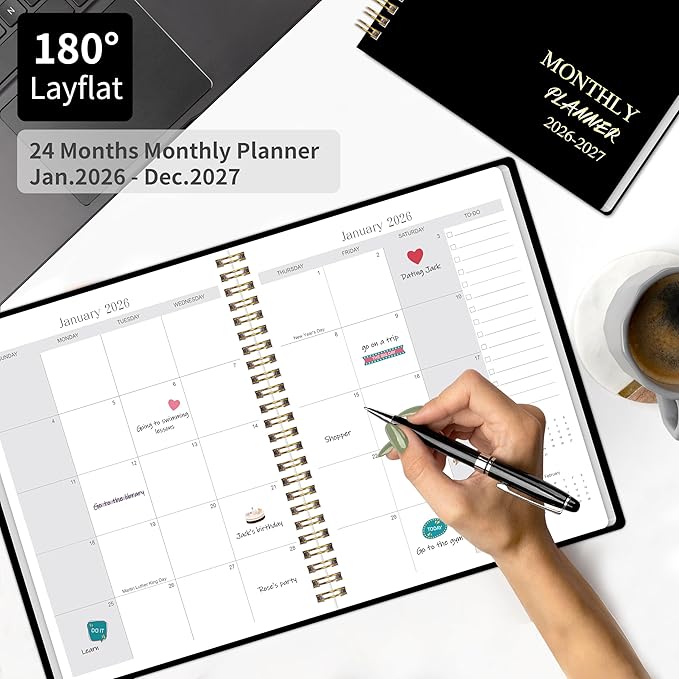 2026-2027 Monthly Planner - 2 Year Monthly Planner 2026-2027, Hard Cardboard Cover, Jan 2026 - Dec 2027, 7.5" x 10", 2 Year Calendar with 24 Month, Twin-wire Binding, Note Pages