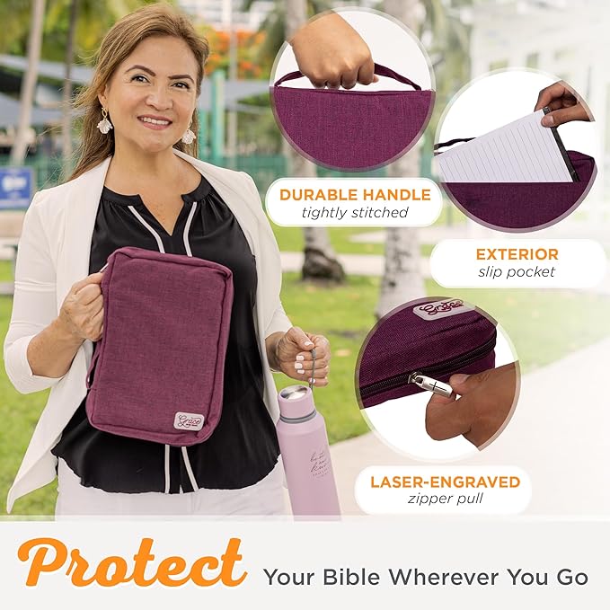 Christian Art Gifts Value Poly-Canvas Bible Cover Case for Women: Grace Upon Grace - John 1:16 Inspirational Scripture w/White Rubber Badge, Pocket, Pen Loops to Organize Accessories, Plum, Large