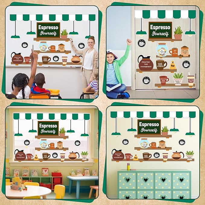 QOUBAI Coffee Bulletin Board Set Mental Health Classroom Bulletin Board Decorations Coffee Shop Motivational Cutouts Classroom Decorations for Back to School Office Home Chalkboard Decor Wall Door