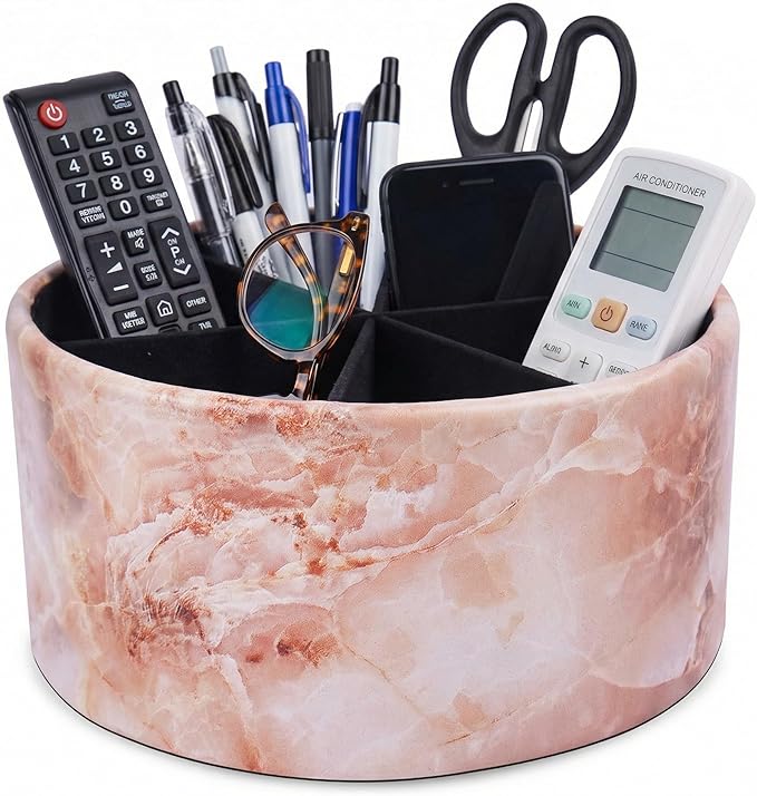Remote Control Holder, 360°Spinning PU Leather Desk TV Remote Caddy,Desk Storage Box Room Accessories for Controller, Media,Mail,Calculator, Mobile Phone,Pencil(1-Big Marble Pink)