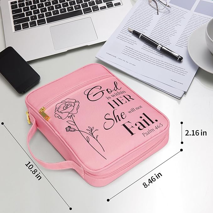 GUEER Bible Cover for Women, Bible Holder, Bible Cover Carrier Carrying Organizer Bag, Zipper and Pockets for Standard Size Bible, Gift for Women boy (Pink-Rose)