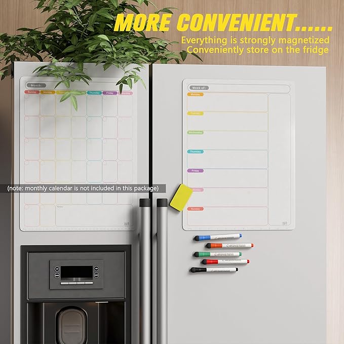 Magnetic Weekly Calendar for Fridge (Monday Start), Vertical Dry Erase Planner with Large Writing Space & Side Notes – Includes 6 Markers, Reusable Whiteboard for Busy Schedules