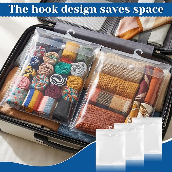 50 Packs Plastic Hanging Storage Bags with Hanger, 12.6×10'' Hang-Up Clear Plastic Bags, Reusable Hanging Storage Bag with Hook, Waterproof, Dustproof, for Sorting, Organising, and Storing