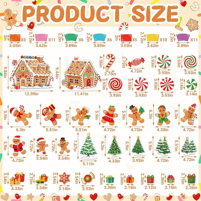 Christmas Bulletin Board Set Gingerbread Man Classroom Decorations - Candy Track Gingerbread House Xmas Tree Cookie and Gift Box Cutouts for Home Wall Door Decor Office Holiday Display