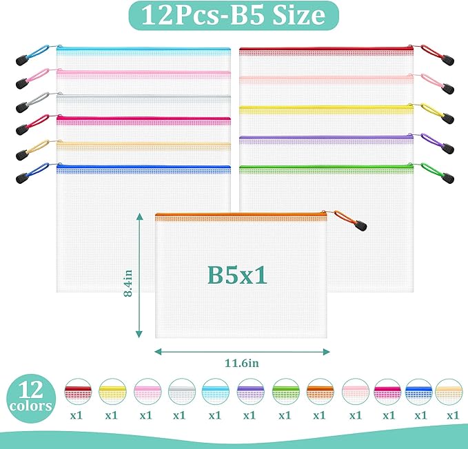 12pcs Mesh Zipper Pouch Bags, B5 Zipper Pouch, Mesh Bags with Zipper, Plastic Zipper Pouches, 12 Colors Zipper Pouches for Organizing, Board Game Storage, Travel, School Office Organize