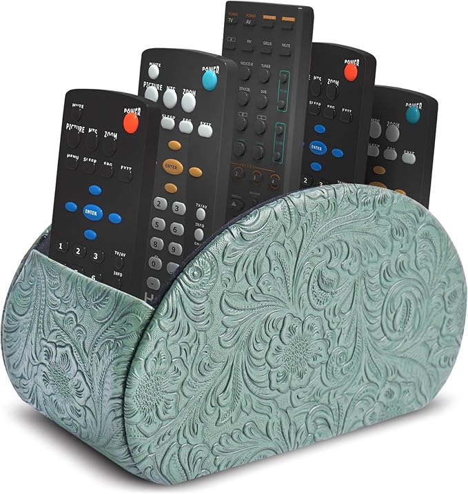 Remote Control Holder, PU Leather Remote Caddy Desktop Organizer with 5 Spacious Compartments for TV Remotes/Media Controllers/Office Supplies (1-Carved3 Green1