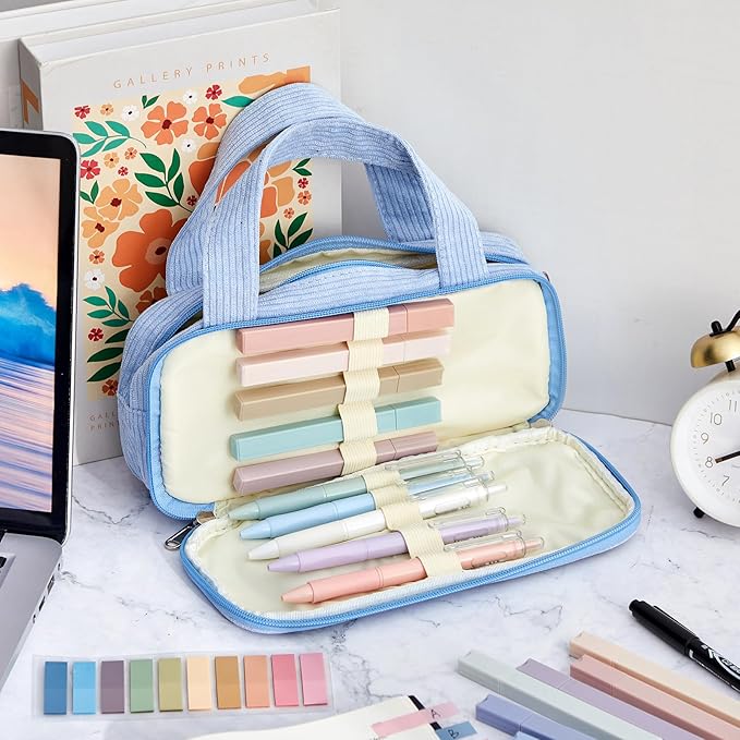 Jutom 39 Pcs Aesthetic Book Annotation Kit Highlighter with Pencil Case Bag Gel Pen Transparent Sticky Note Taking Bible Study College School Supplies(Light Blue,Classic Style)