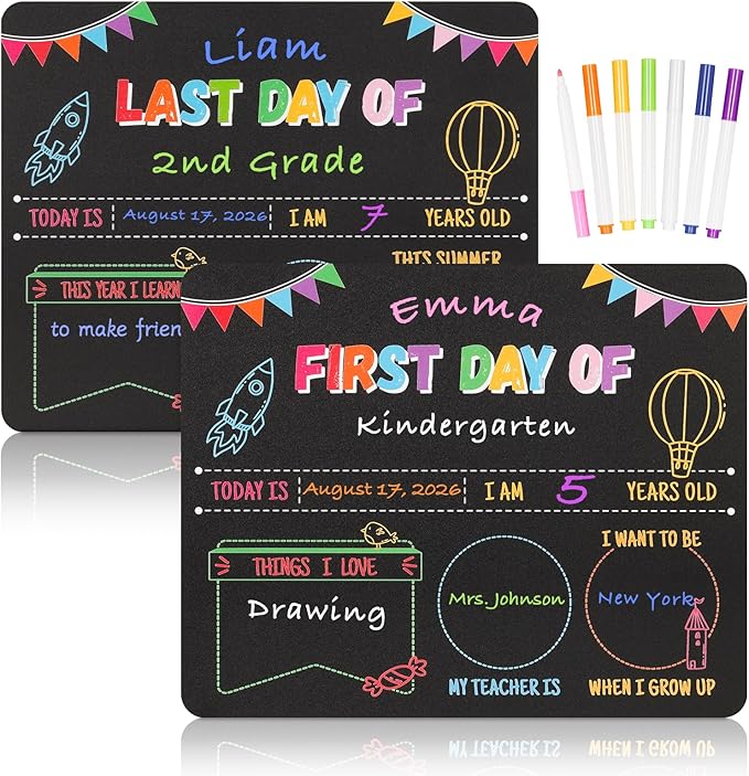 First Day of School Sign & Last Day Board - 11x14 Double-Sided Reusable Chalkboard with Markers - Back to School Gift Photo Prop for Kids Preschool Kindergarten Elementary Grades