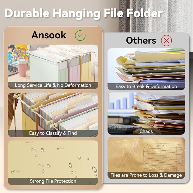 Ansook Hanging File Folders Letter Size,6 Pack Extra Capacity Filing Cabinet Folders,Heavy Duty 3" File Folders Hanging with Tabs,Hnging File Folder Organizer for File Frame File Storage Box