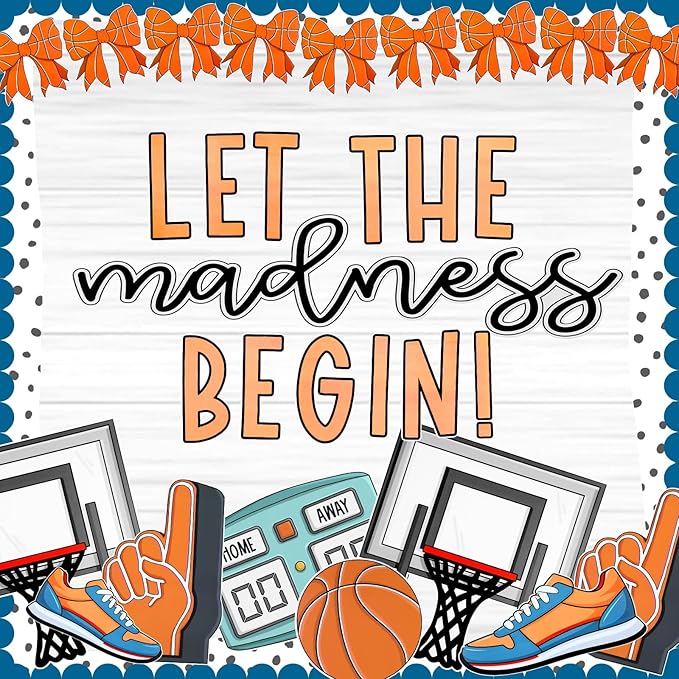 Tenceur 62 Pcs Basketball Bulletin Board Set Classroom Door Decoration Kit with ''let The Madness Begin'' Letters, Basketball Hoop, Scoreboard, and Sports Cutouts, Includes 100 Glue Stickers