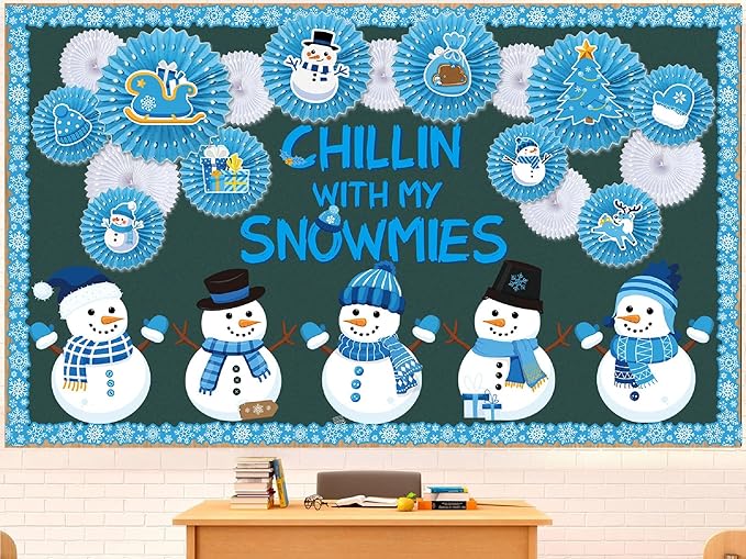 Pasimy Winter Bulletin Board Decorations January Bulletin Board Set Snowman Classroom Decor with 15 Paper Fans Holiday Cutouts Snowflake Borders for Winter Wonderland Home Office Wall Door Supplies