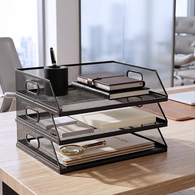 3 Pcs Paper Organizers Metal Mesh Desk Organizer Stackable Desk Tray Single Wire Mesh Organizer Front Load File Paper Holder for Desktop Office Home Classroom School