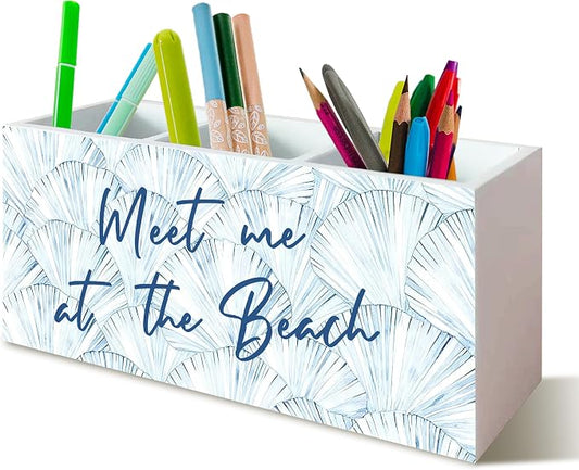 Beach Gifts for Women Men, Meet Me at The Beach Pen Holder for Home Office Kitchen Desk Decor, Coastal Makeup Brush Toothbrush Holder Organizer for Bathroom Desk Accessories