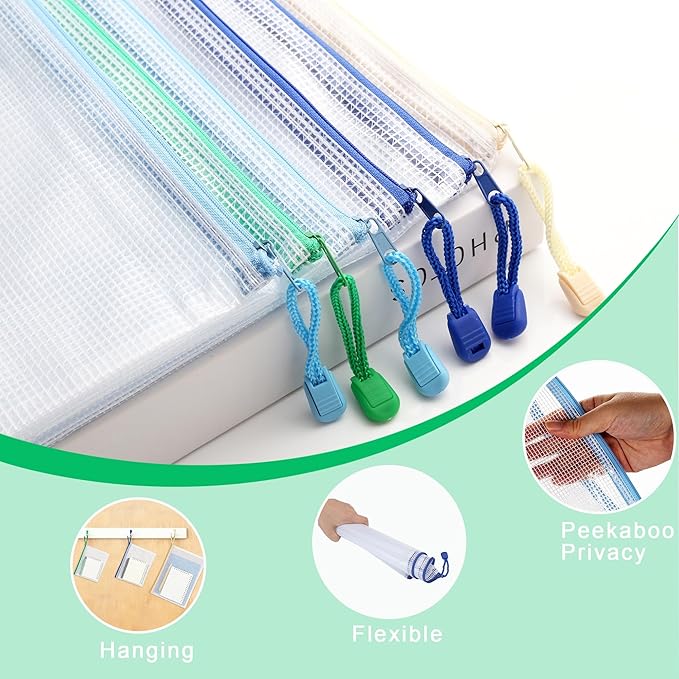 12-Pack Mesh Zipper Pouch Set with 1 Organizer Bag, 3 Sizes (A4, A5, B6) Clear Waterproof File Bags for Travel Organization, Journaling & School Office Supplies (13pcs)