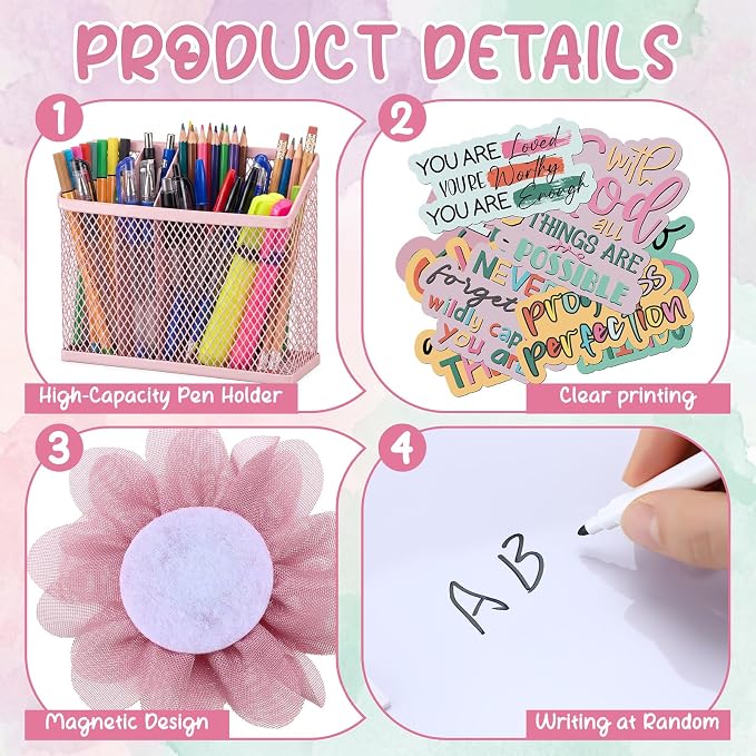 AmazingSpark Magnetic Locker Set with Whiteboard Mirror Erasable Pens Magnetic Pen Holder Refrigerator Magnet Flower and Inspirational Sticker Pink Decoration for Back to School Accessories