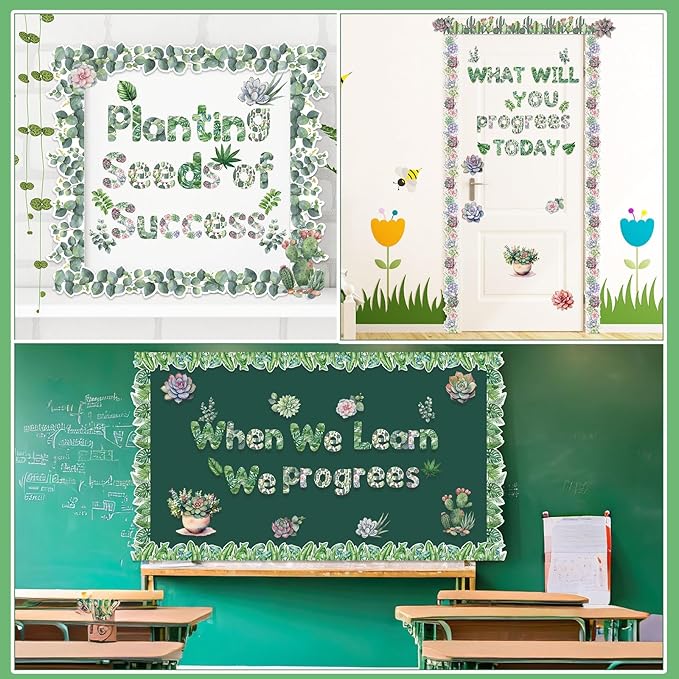 Kosiz Plant Bulletin Board Decoration Set 118 ft Scalloped Bulletin Board Borders Classroom Poster Border Trim with 257 Pcs Letter Number Symbol Cutout for School Decor