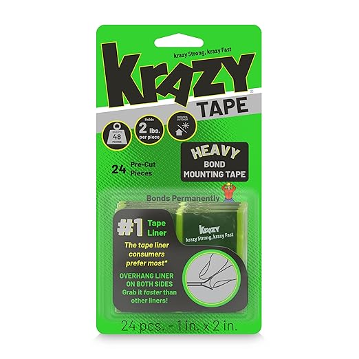 Krazy Tape Strong Bond Heavy Duty Double Sided Mounting Tape, 1"x2", Pack of 24 Pre-Cut Pieces, Grey, Easy Lift Adhesive Strips for Glass, Leather, Metal, Drywall & Wood Surfaces, Indoor, Outdoor Use