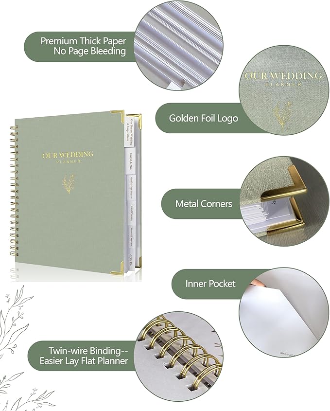 Wedding Planner Book and Organizer for Bride, Elegant Linen Cover Wedding Planning Binder with Checklists, Pockets & Calendars,Perfect Engagement Gifts for Couples