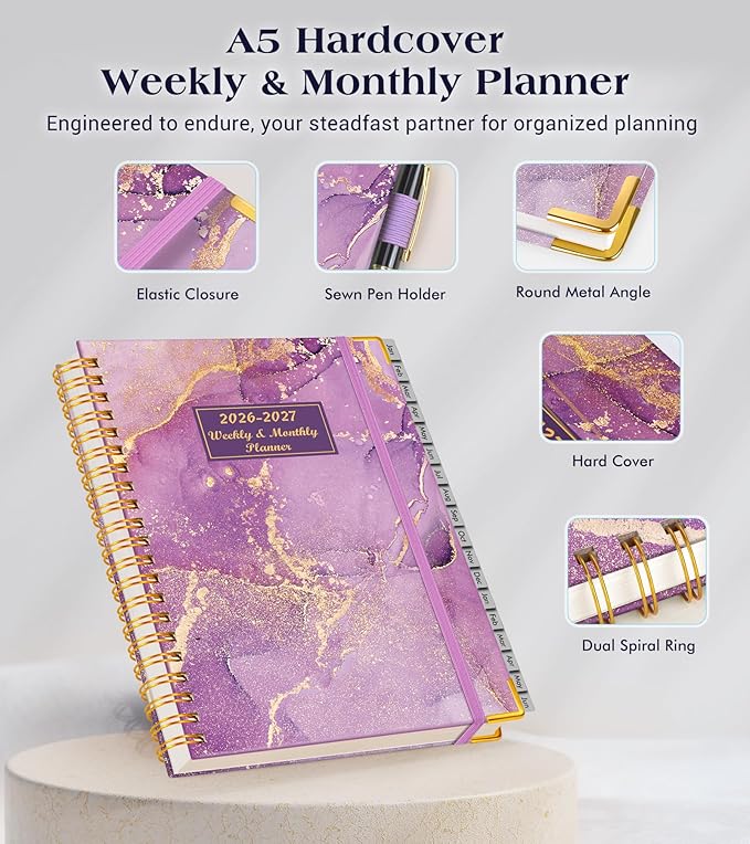 Planner 2026-2027, 18 Months Weekly and Monthly Hardcover Planner, January 2026 - June 2027, 5.75" x 8.38" A5 Daily Calendar Planner Book with Tabs, Spiral Yearly Agenda Organizer Notebook for School Work Home, Purple Marble