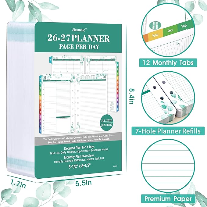 2026-2027 Planner Refills – JUL 2026 - JUN 2027 Planner Refills, Two Pages Per Day, Daily Planner 2026-2027, 5.5" x 8.4" Ring-Bound Organizer, Daily Tracker & Schedule, Coloful Tabs