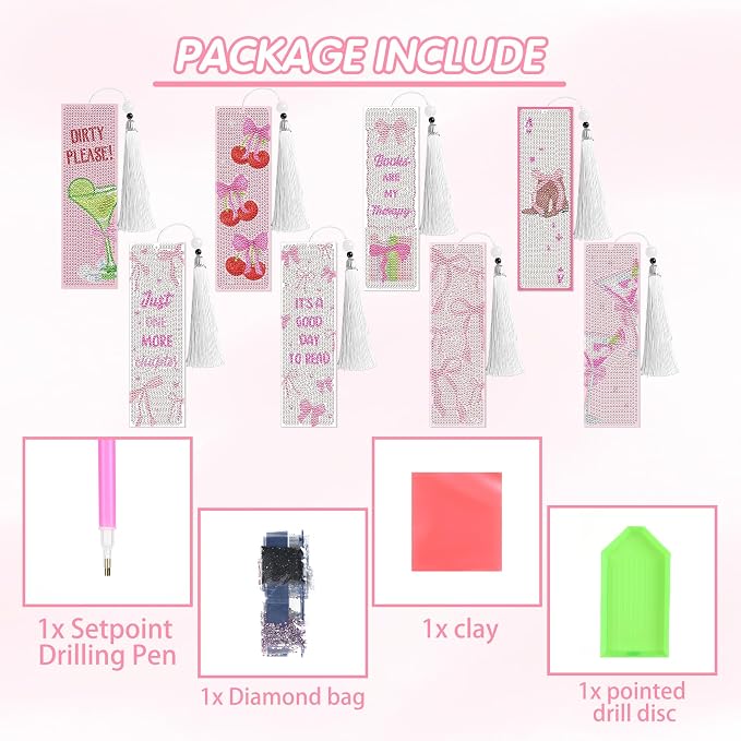 8 Pcs Bow Diamond Art Bookmarks Kit with Tassels, Cute Pink Diamond Painting Bookmarks for Women Book Lovers, DIY Bookmark Making Kit for Adults Beginners Aesthetic Crafts