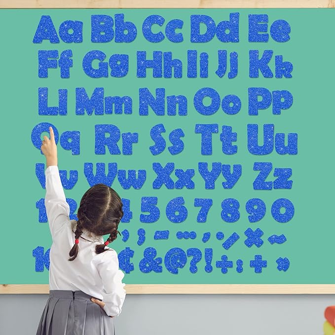 Qyeahkj 260Pcs Glitter Blue Bulletin Board Letters for Classroom 4” Winter Letter Combo Pack Set Numbers Alphabet Poster Board Punctuation Symbol Cutout for School Classroom Wall Decor