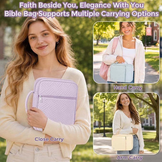 XKDOUS Bible Cover Case for Women, Large Bible Cover with Durable Handle, Washable Quilted Bible Case, Bible Study Supplies & Christian Gifts for Mom, Women, Men (Light Purple)
