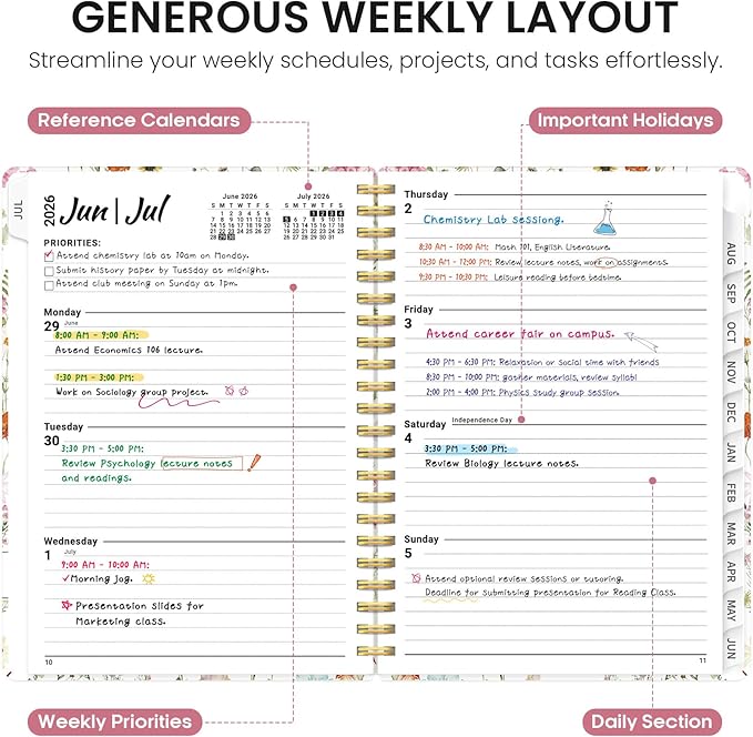 Planner 2026-2027, Academic Year Monthly and Weekly Calendar Planner, Jul 2026 - Jun 2027, Hardcover Teacher Student Planning Agenda book with Tabs, Perfect for School Office Supplies, 8.5" x 11" - Wildflowers