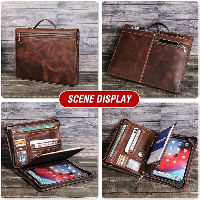 Top Grain Leather 11" Strap Portfolio, Solid Retro Design, Handmade, Large Capacity Multi-Functional Business Zip Padfolio, Holder for Cards/iPad/Phone/AirTag/A5 Paper, Red Coffee 11 Inch