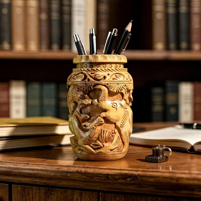 Craft Trade Hand Carved Wood Pen Holder for Desk Organizer for Home School Office Supplies Pencil Cup Pot Storage Box Suitable for Stationery - Camel