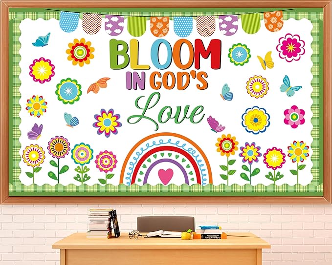 Spring Bulletin Board Set Bloom in God’s Love Classroom Decoration Religious Bulletin Board Jesus Flower Butterfly Cutouts for Spring Easter Christian Sunday School Church Chalkboard Wall Decor