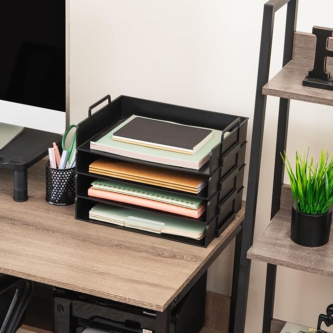 Mind Reader Stackable Paper Tray, Desktop Organizer, File Storage, Office, Plastic, 13.75" L x 10" W x 10.75" H, 4 Pcs., Black
