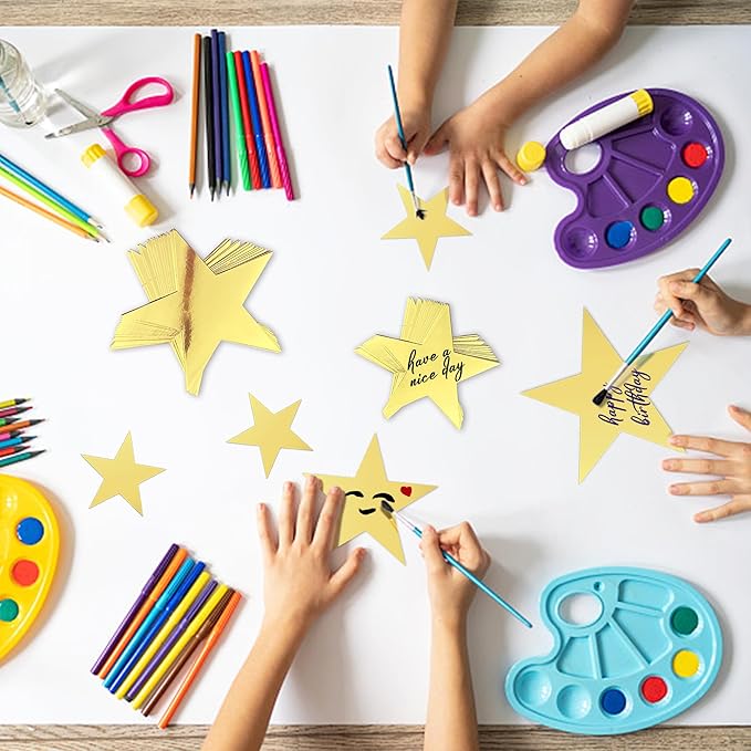 120 PCS Glitter Gold Five Star Cutouts Paper Star Cutouts Star Cutouts for Bulletin Board Stars Classroom Wall Party Decoration Supply 3 Sizes 3.1inch 4.7inch 6.2inch